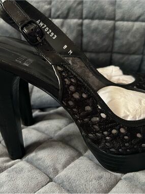 Stuart Weitzman Black Lace Slingback Platform Heels
